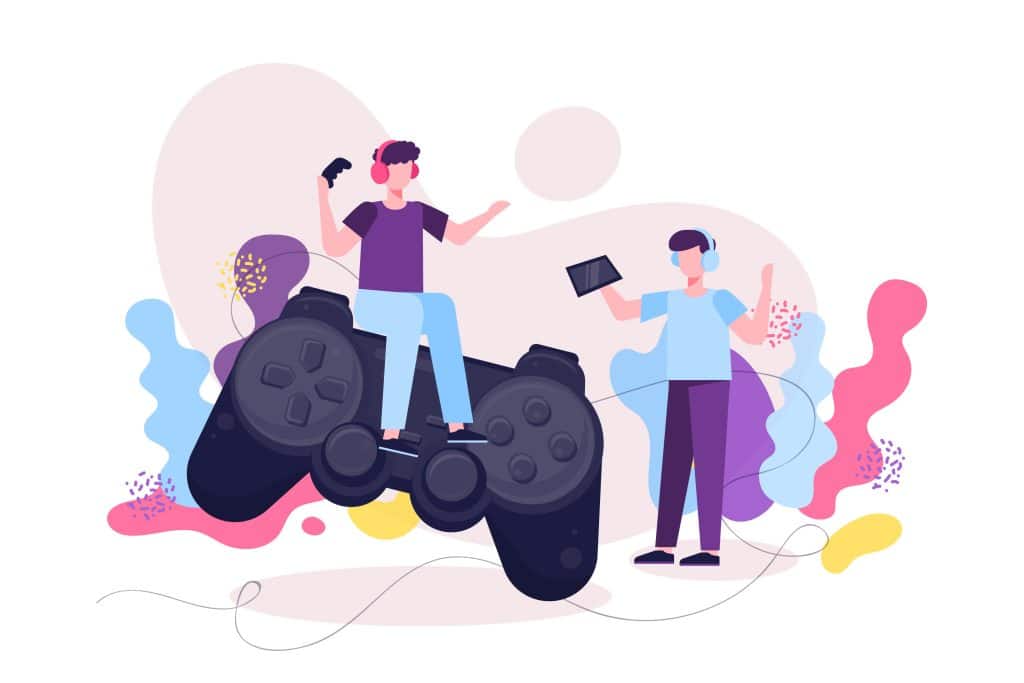 Personnages avec une manette de jeu vidéo.